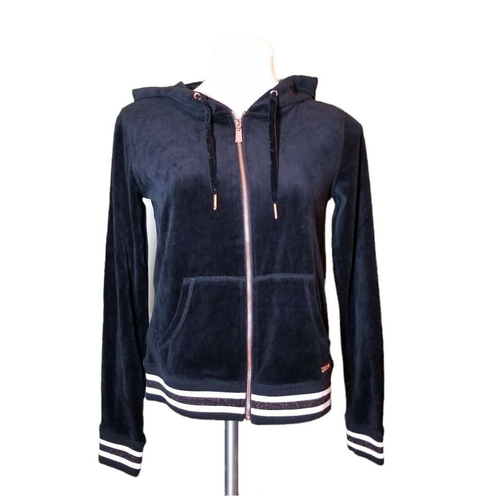 Betsey Johnson Black Velvet Rose Gold Zip Up Hooded  Track Jacket Small NWT